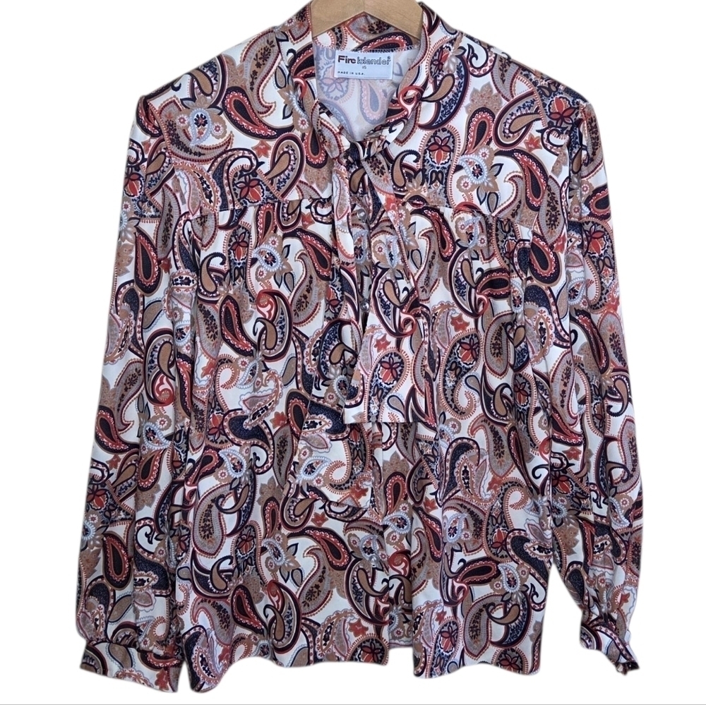 Vintage Fire Islander | Orange Cream Paisley Tie Neck Long Sleeve Blouse